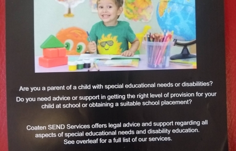 information flyer for Coaten SEND Services, showing a photo of a boy plus details about the service