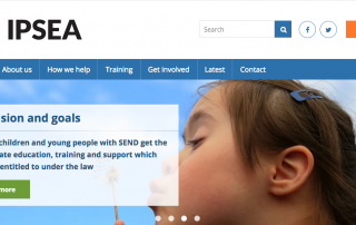 screenshot of the IPSEA website's homepage, showing some text, IPSEA's logo and a photo of a girl blowing a dandelion