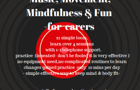 Flyer for "Music, Mindfulness & Fun" carers training programme, with details of the course and logos of Lifted, Manchester Carers Network and Ageless Grace UK