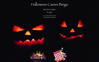 Two glowing pumpkins in a very dark background; includes details of the carers bingo event + Lifted's logo + an illustration of a bingo card and balls | image credits: pexels.com, pixabay.com