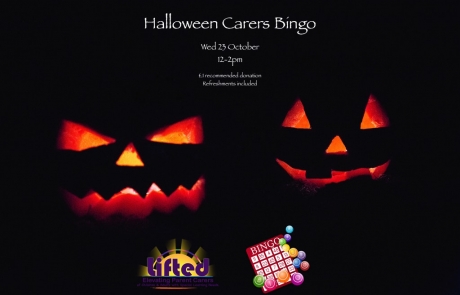 Two glowing pumpkins in a very dark background; includes details of the carers bingo event + Lifted's logo + an illustration of a bingo card and balls | image credits: pexels.com, pixabay.com