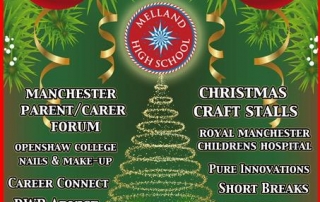 Flyer for Melland High School's Information Day & Christmas Fair 2019, showing event details and Christmas decorations