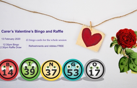 Poster for Lifted Carers' Valentine's Bingo and Raffle 2020 | background image: heart pendant; foreground images: rose, bingo balls | original images from pixabay.com and unsplash.com