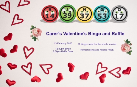 Flyer for Lifted Carers' Valentine's Event 2020 | background image: hearts wallpaper; foreground images: roses, bingo balls | original images from pixabay.com and pexels.com