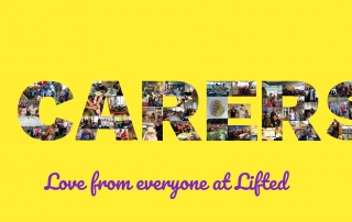 A collage spelling the words "HAPPY CARERS WEEK" using various photos from Lifted throughout the years