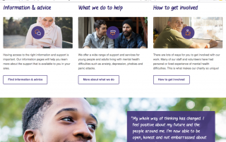 Screenshot of Self Help Services' website homepage showing photos of people and information about their mental health support services