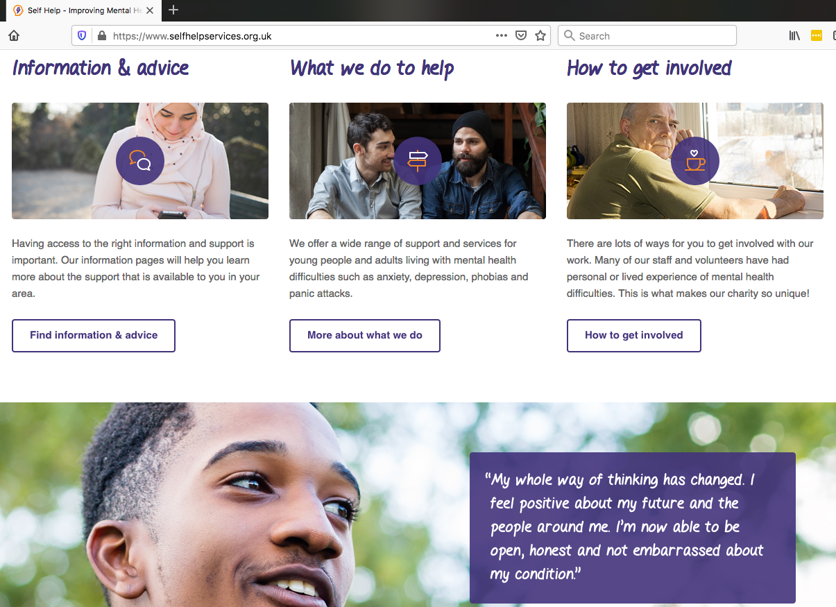 Screenshot of Self Help Services' website homepage showing photos of people and information about their mental health support services